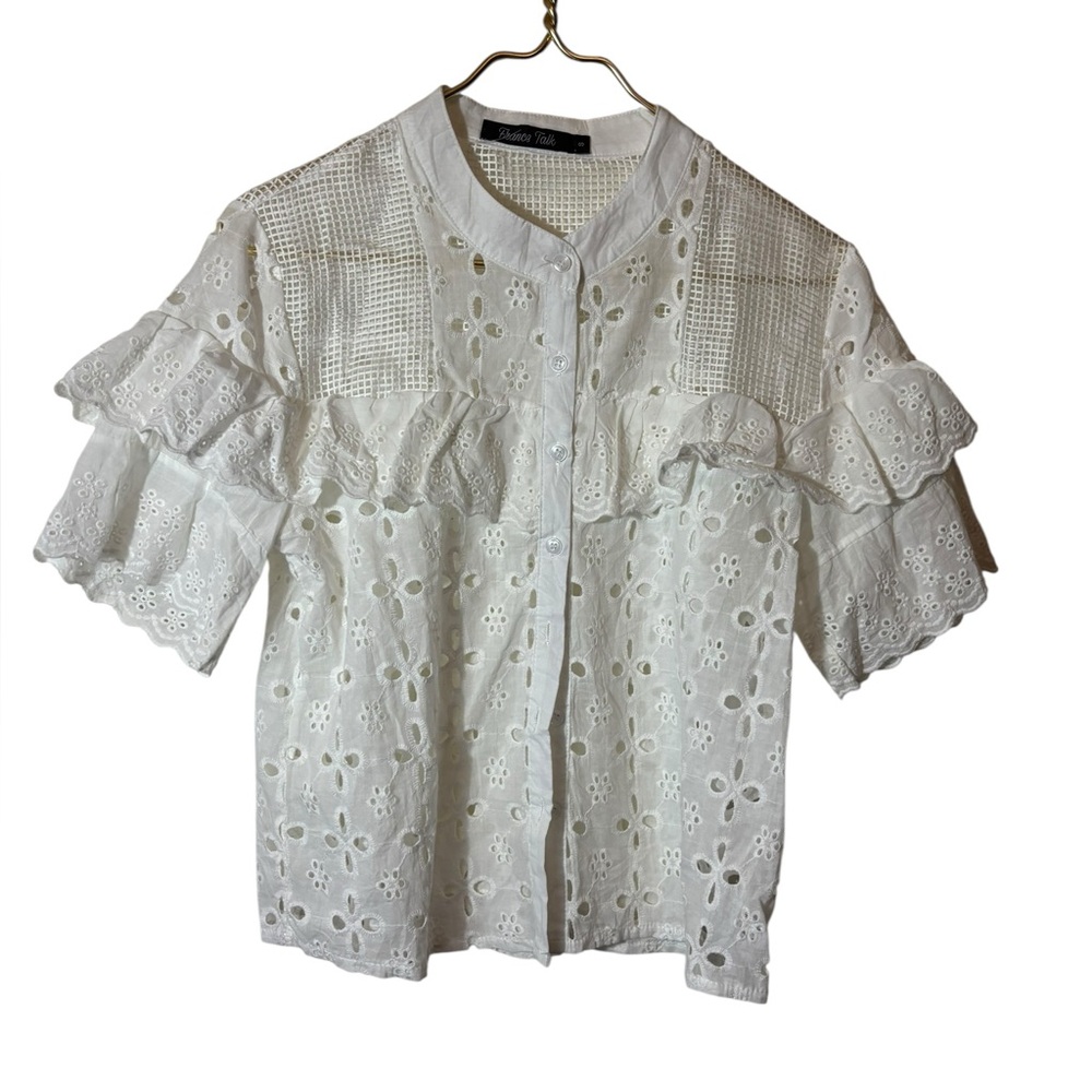 FRANCE TALK | blouse small eyelet ruffle sleeve romantic button up white